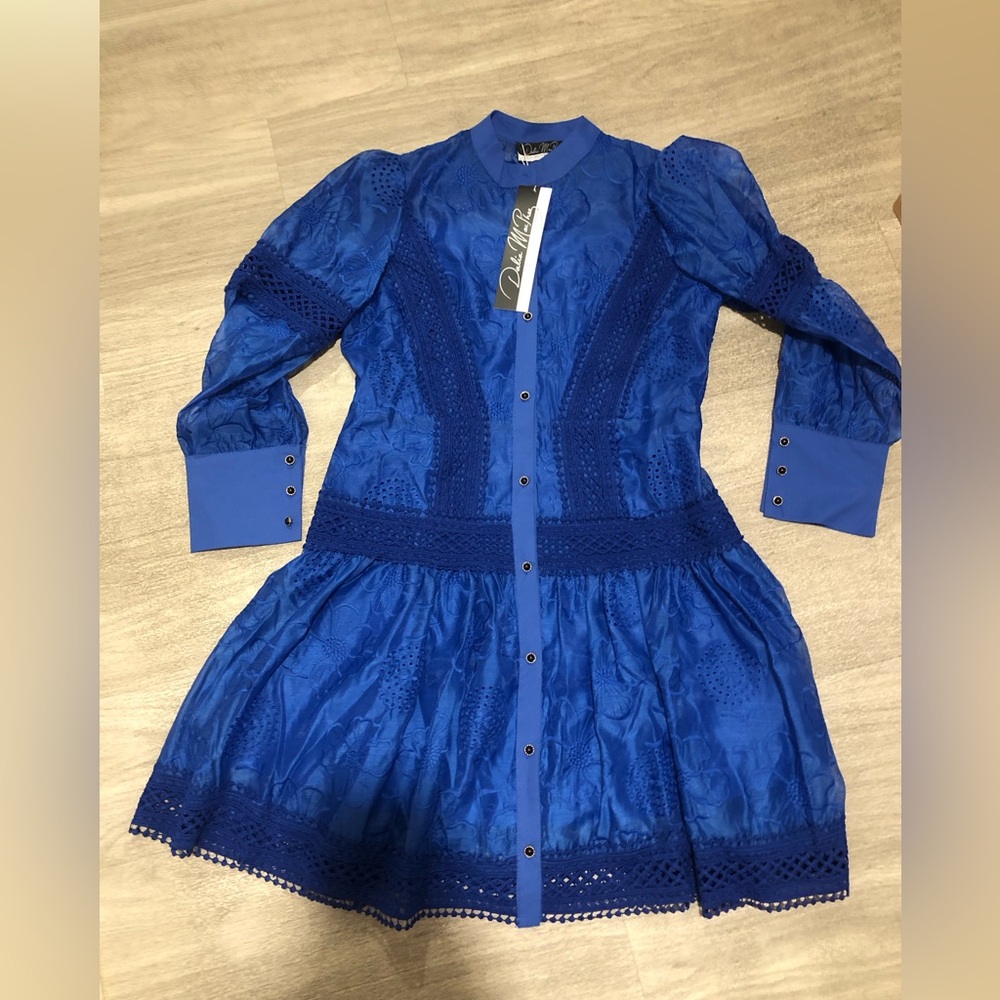 NWT Dalia Macphee royal blue belted Dress L - Picture 2 of 8